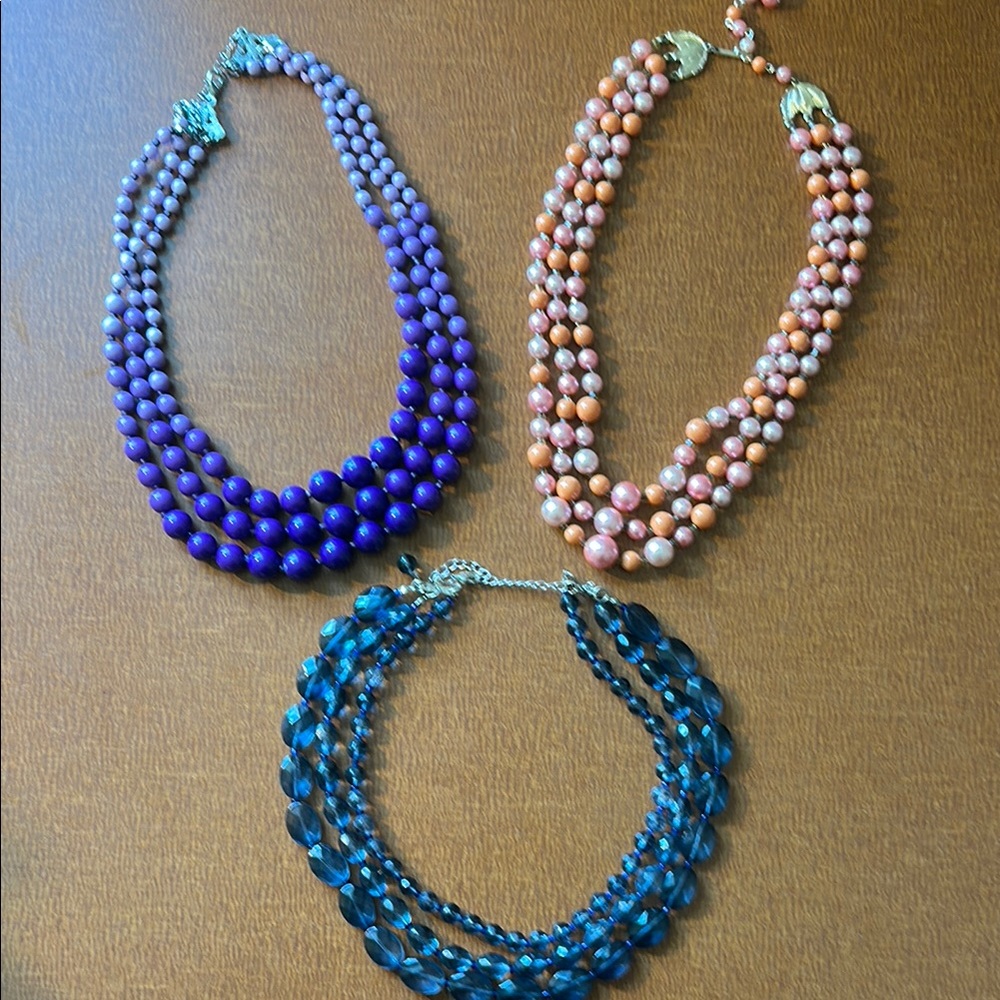 Three Vintage Multi-strand‎ Beaded Necklace Set Unsigned